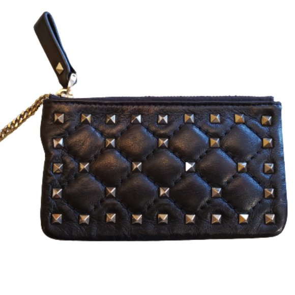 Valentino Garavani Accessories - Valentino Garavani Quilted Gunmetal Rockstud Zipper Coin Purse And Cardholder